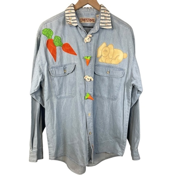 Vintage Traditional Diner Women’s Long Sleeve Easter Bunny Button Front Shirt - Picture 1 of 3